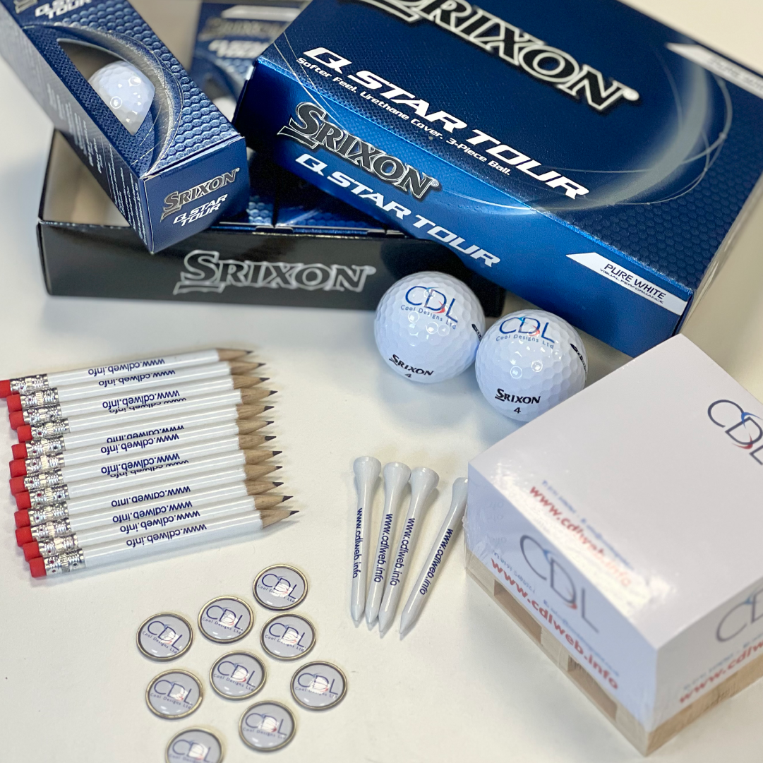 Large Set of Bespoke Branded Golf balls, pencils, badges, sticky notes and more
