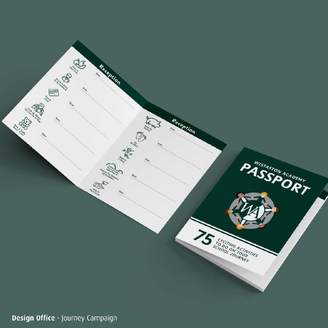 Dark Green bespoke passport/activity book for Wistaston Academy
