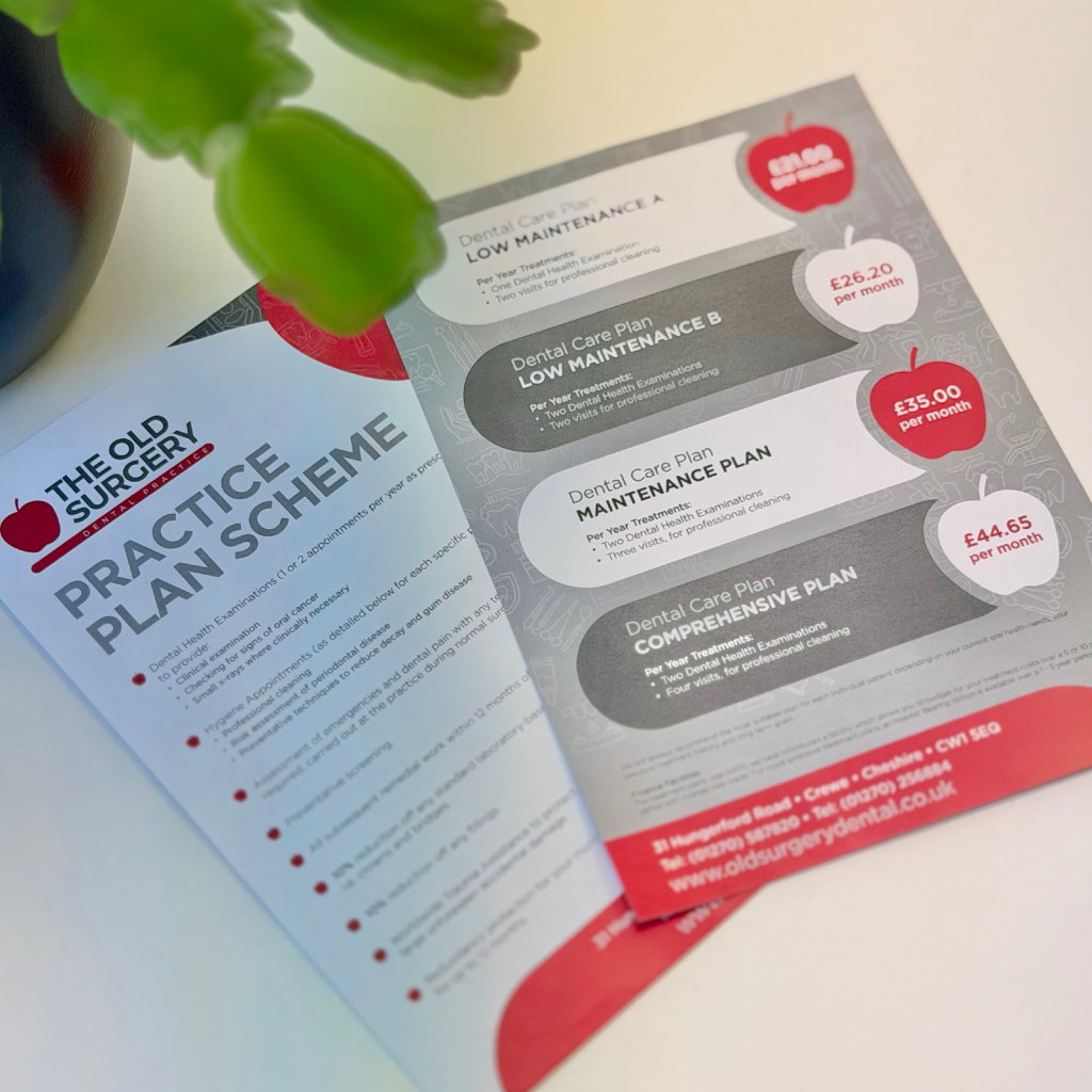 The front and back of a bespoke leaflet for The Old Surgery Dental
