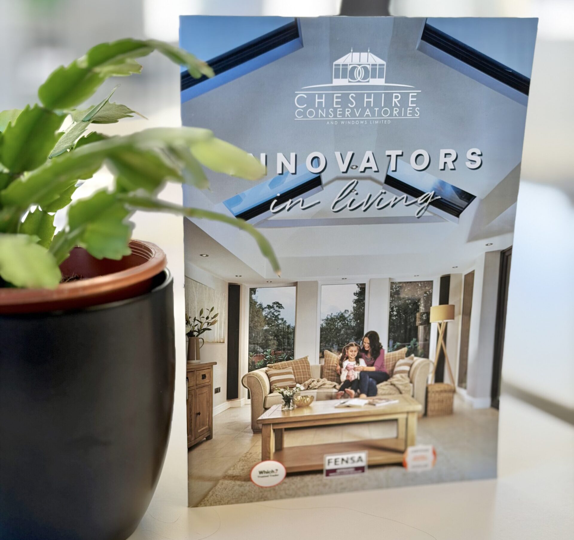 Printed marketing brochure showcasing conservatory and home improvement products in Crewe