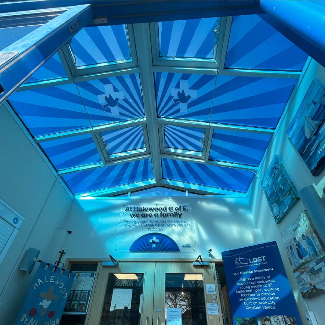 Halewood C of E School Conservatory Ceiling Graphics Bespoke window graphics and ceiling design by Design Office, creative design specialists serving Stoke-on-Trent