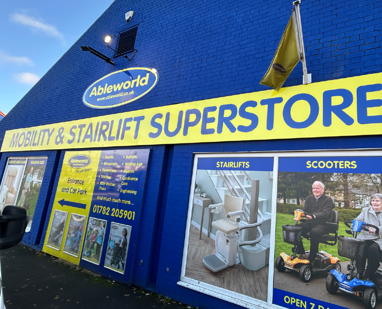 Ableworld Mobility Store Signage and Shopfront Branding Ableworld Mobility and Stairlift Superstore shopfront with blue and yellow branded signage