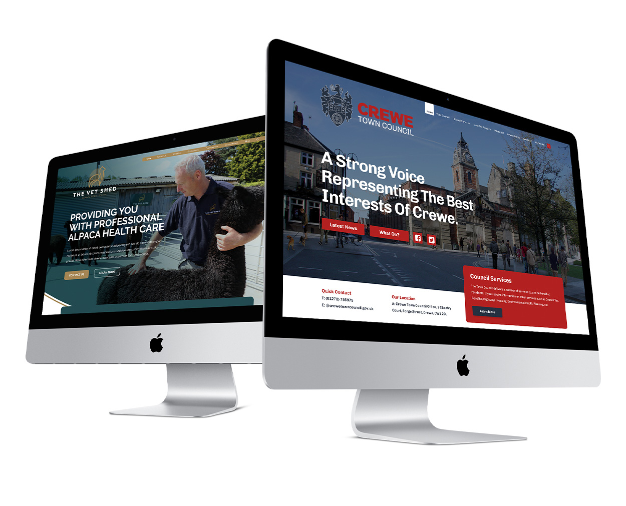 Website Design Portfolio – The Vet Shed and Crewe Town Council Vet Shed and Crewe Town Council websites displayed on iMac monitors showing web design