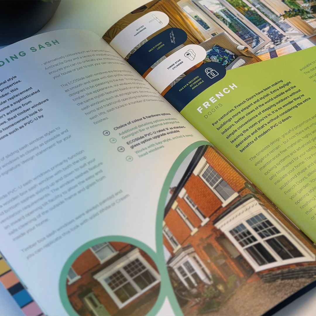 Sash Windows & French Doors Brochure Printed brochure design showing sliding sash windows and French doors product pages