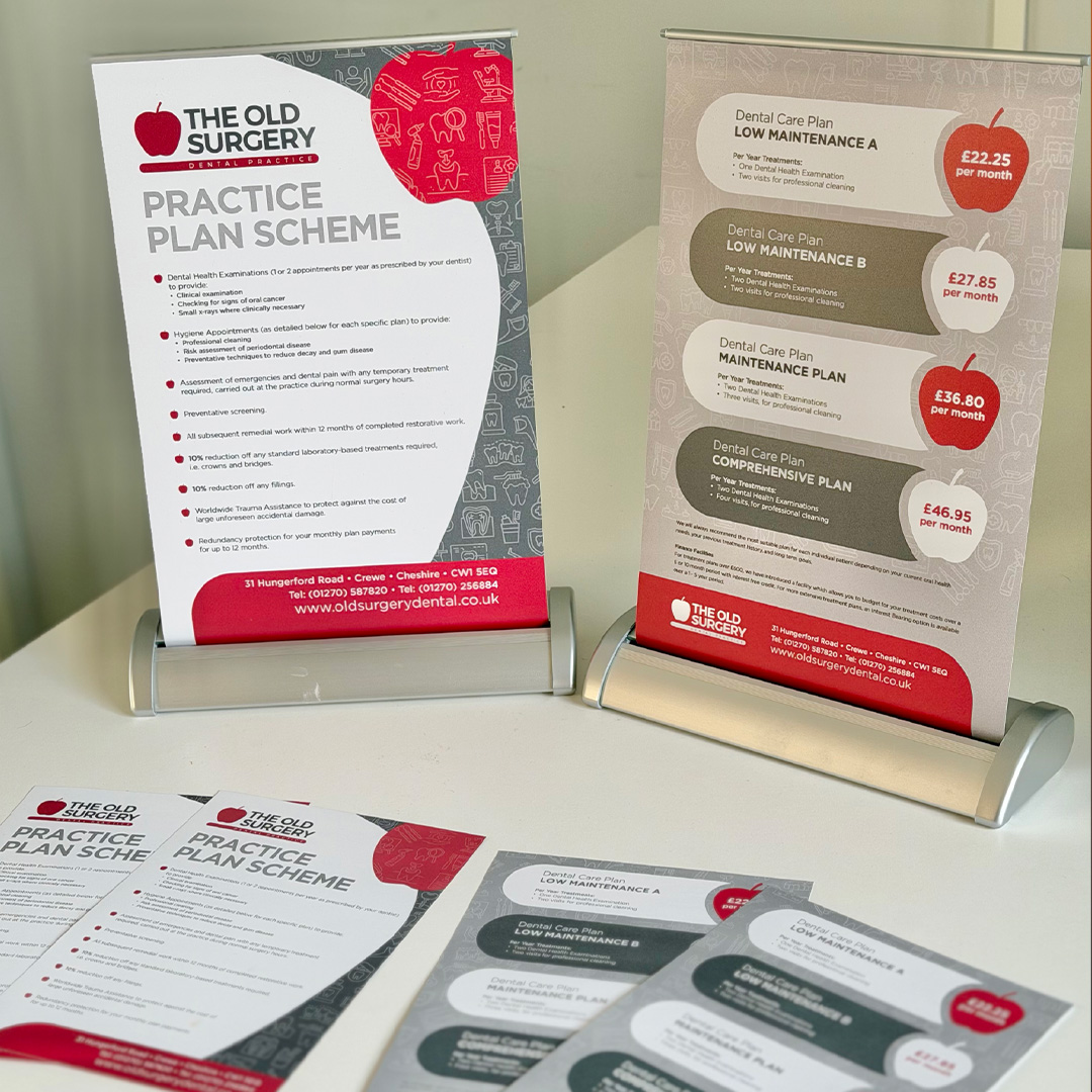 Artboard-1_2-2 Pull-up banner and leaflet design for The Old Surgery Dental Practice practice plan scheme, showing branded print marketing materials