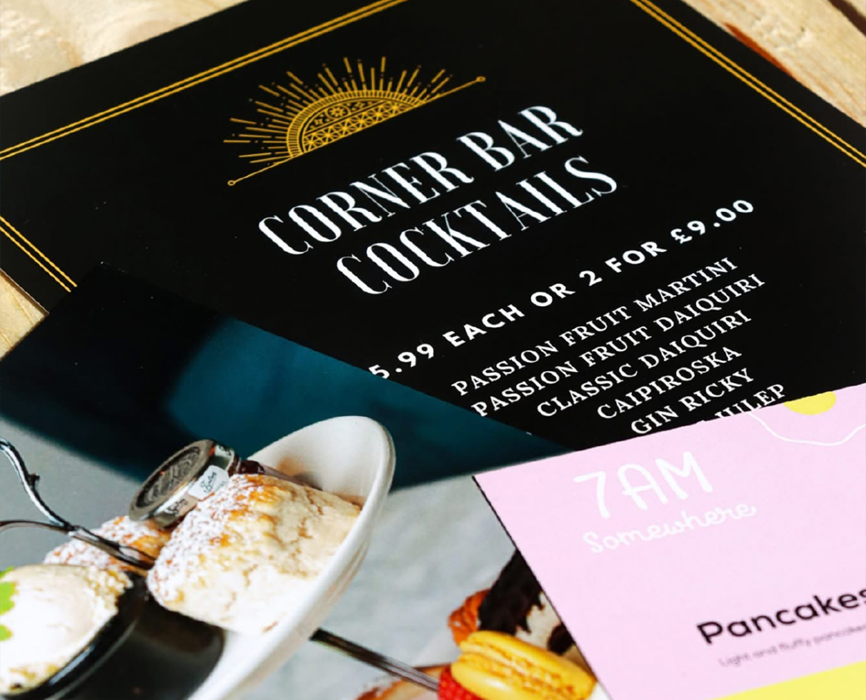 Hotel Menus Printed hotel menus for Corner Bar Cocktails and 7am Somewhere pancake menu