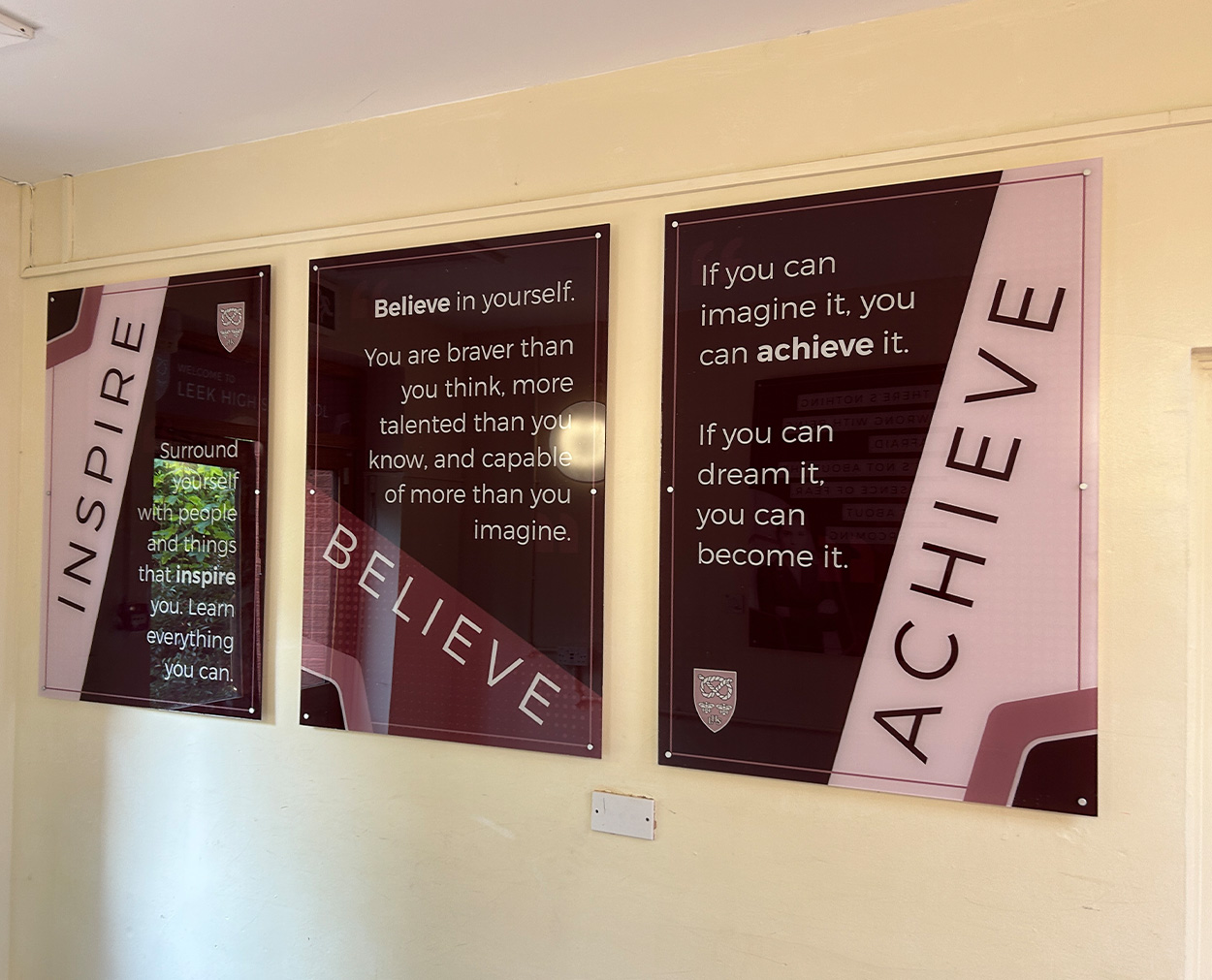 Inspire, Believe, Achieve wall graphics printed and installed at Leek High School