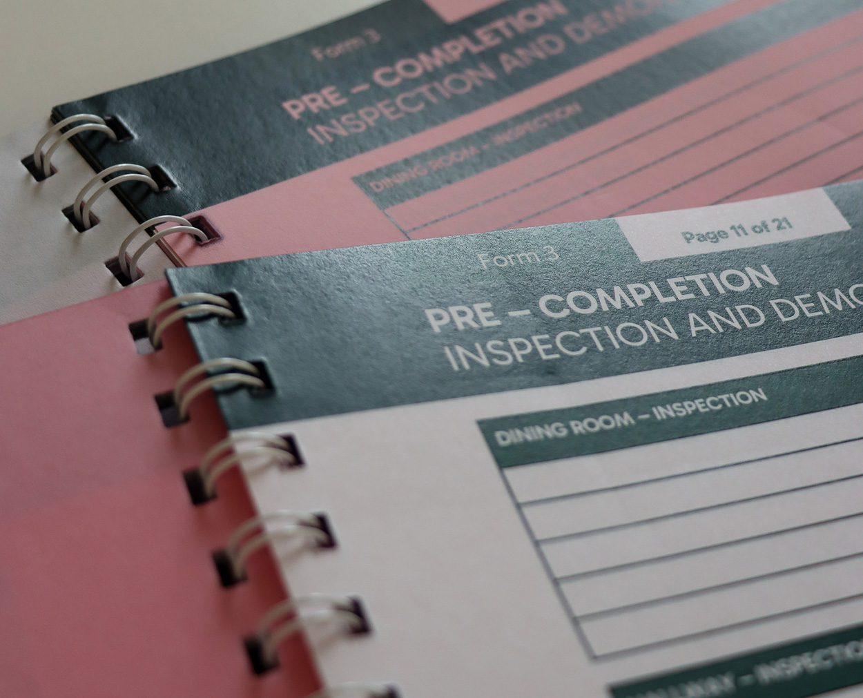 Wiro-bound NCR pre-completion inspection and demolition forms printed for Markden