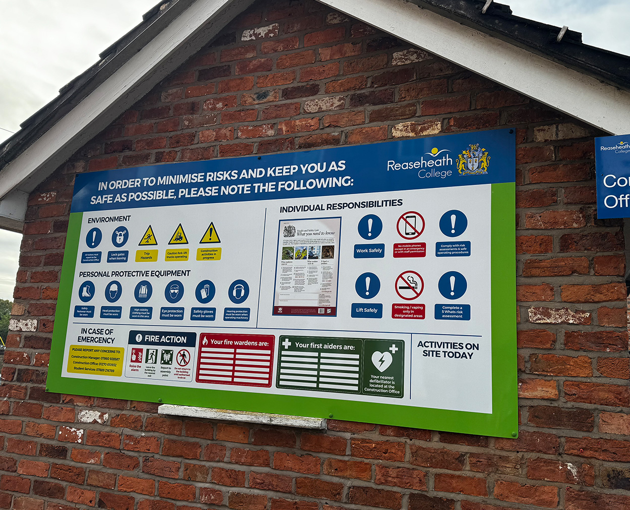 Health and safety information board printed and installed at Reaseheath College