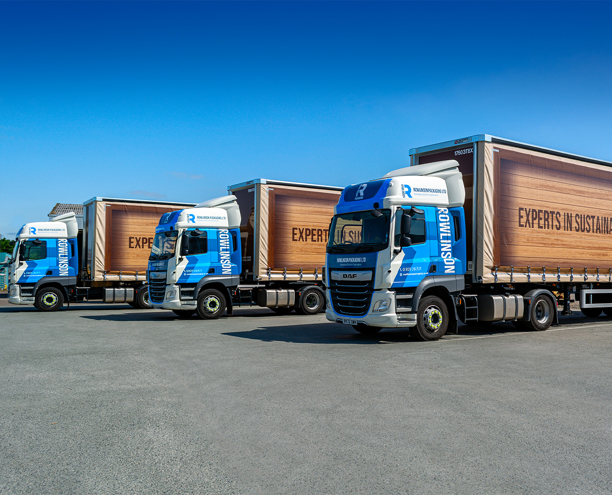 Rowlinsons Trailer Fleet of branded lorry trailers printed for Rowlinson Packaging Ltd