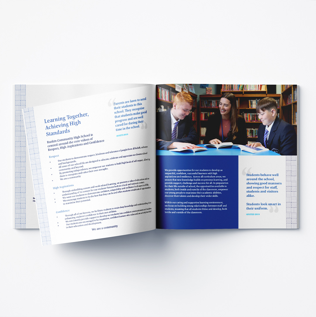 Ruskin Prospectus Printed prospectus brochure open showing students and staff for Ruskin Community High School