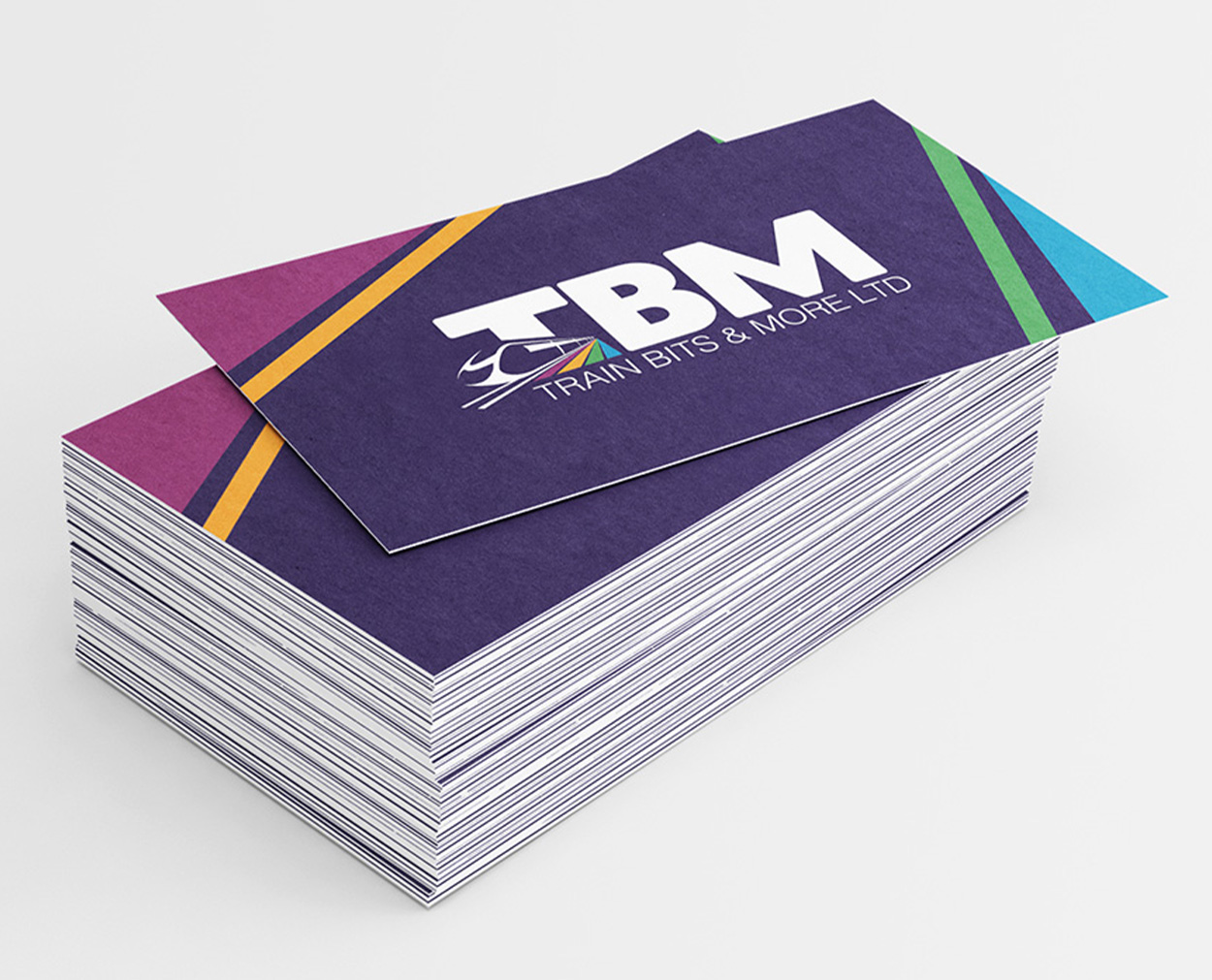 Colourful printed business cards for TBM Train Bits & More Ltd in Crewe