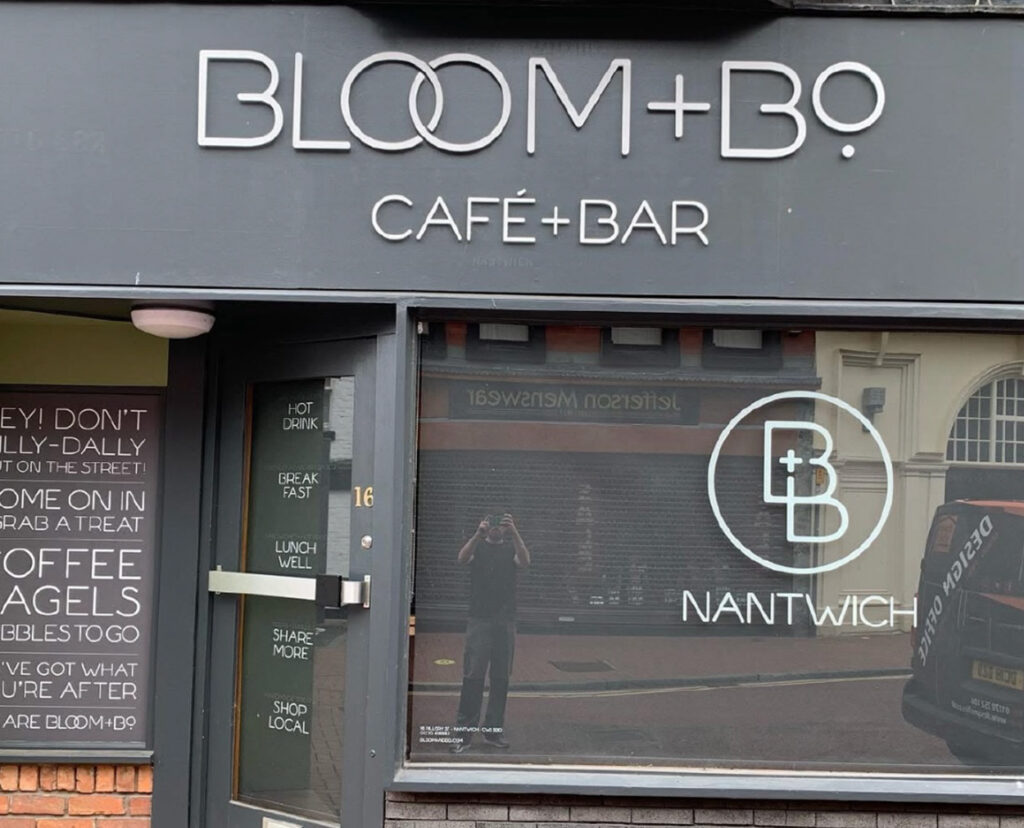 Untitled-1-04-1 Acrylic signage and window graphics at Bloom + Bo Cafe + Bar, Nantwich