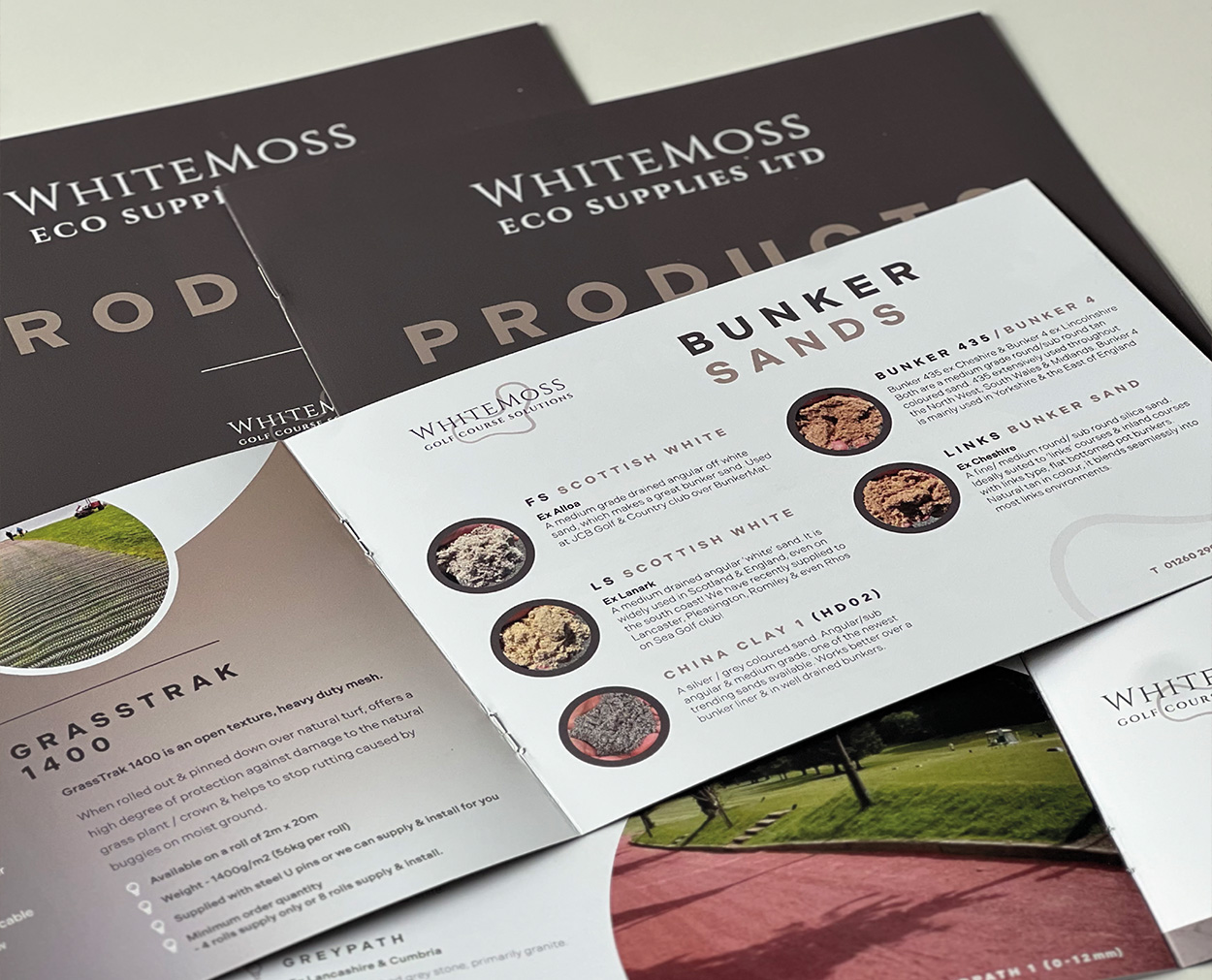Whitemoss Eco Supplies Product Brochure Whitemoss Eco Supplies Ltd product brochure design featuring bunker sands range