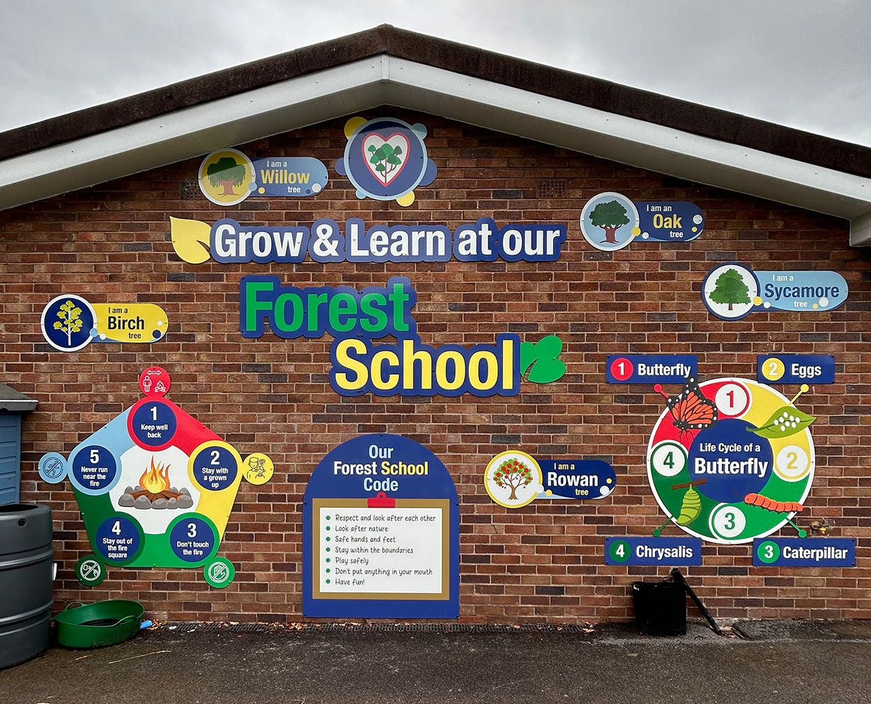 c Outdoor wall signage and graphic design for a primary school Forest School, featuring tree and nature-themed illustrations