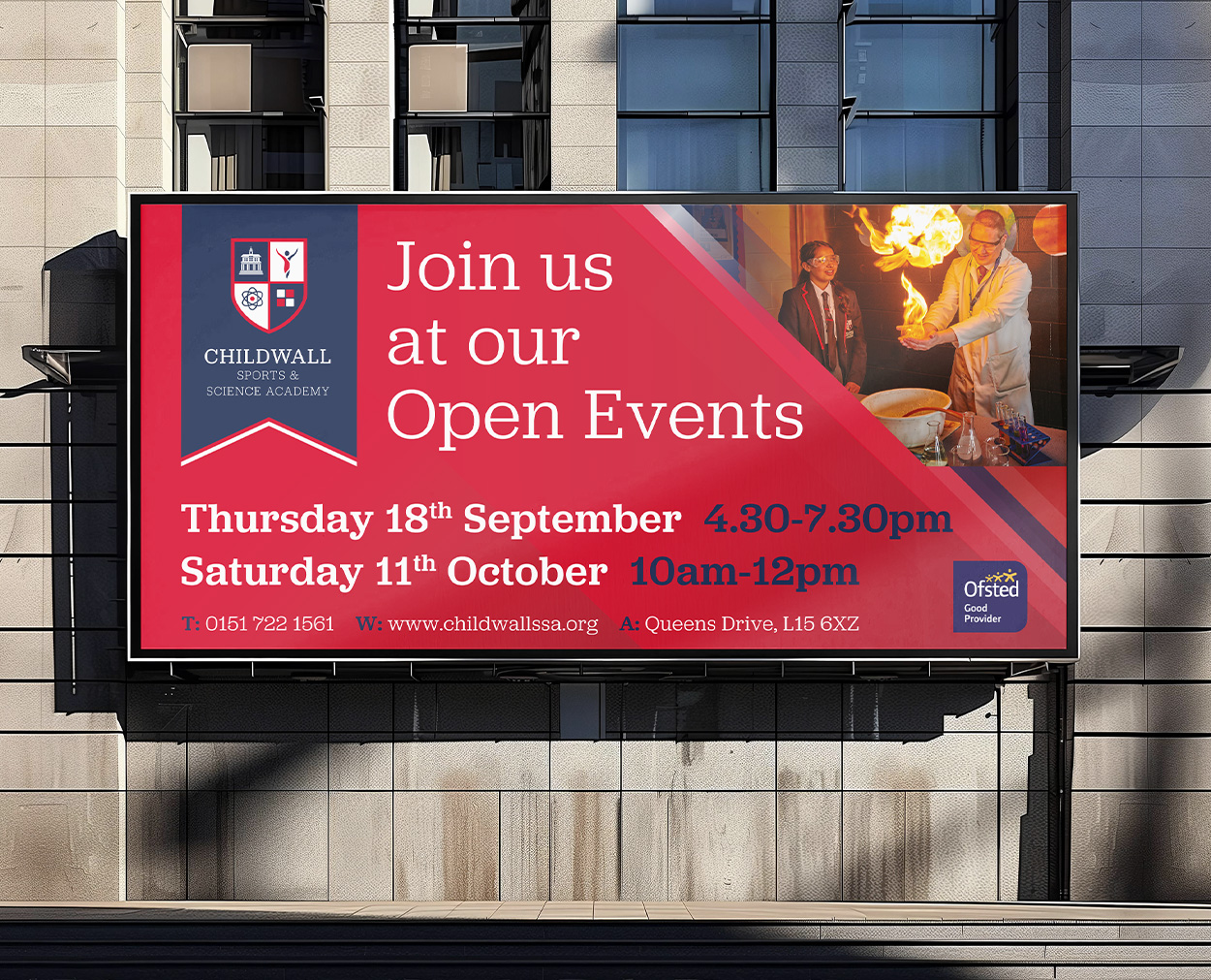 d Large format digital billboard design promoting Childwall Sports & Science Academy open events
