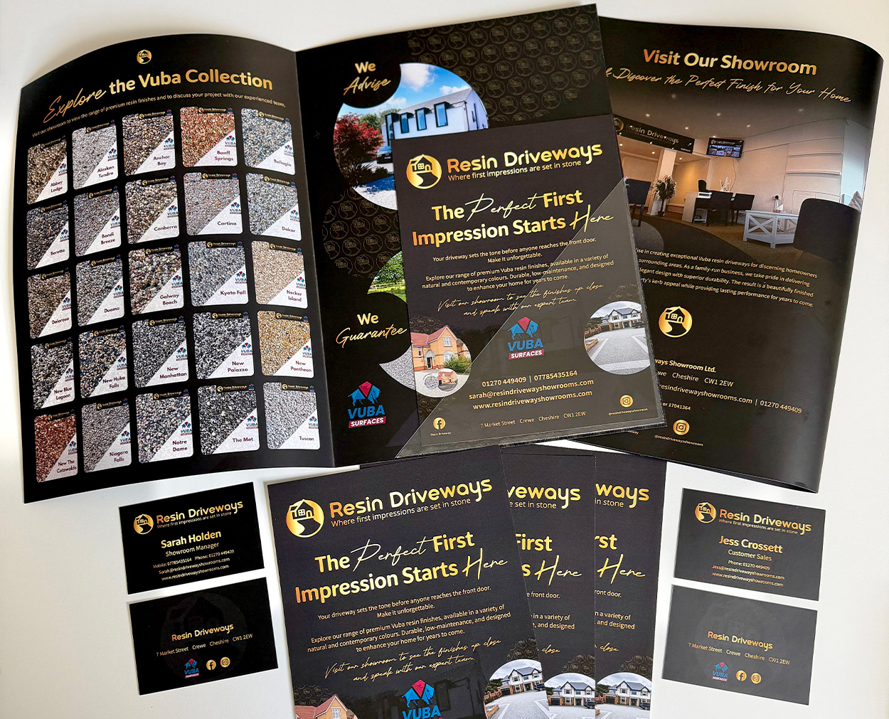 e Brand identity and marketing materials for Resin Driveways Showroom, including brochure, business cards and colour swatch guide