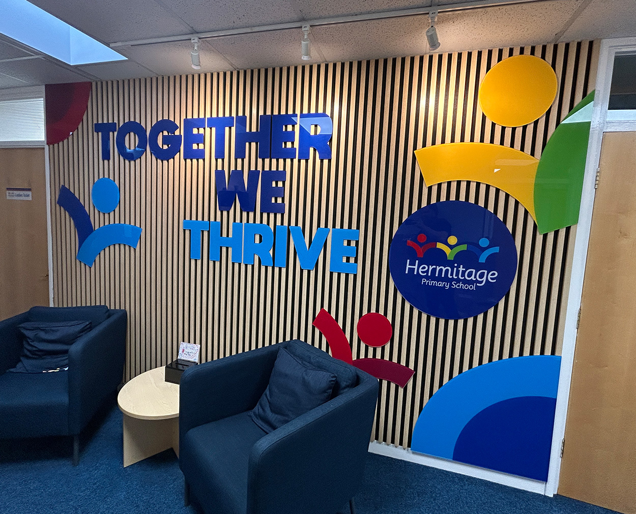 Hermitage Primary School Reception Signage Design Hermitage Primary School reception wall graphics reading Together We Thrive with school logo