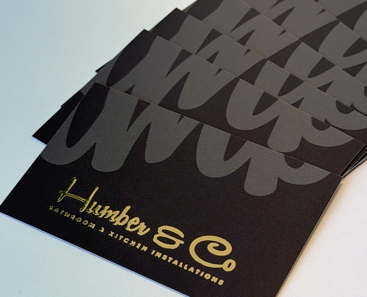 Humber & Co Business Card Design Humber and Co bathroom and kitchen installations business card design with gold foil detail