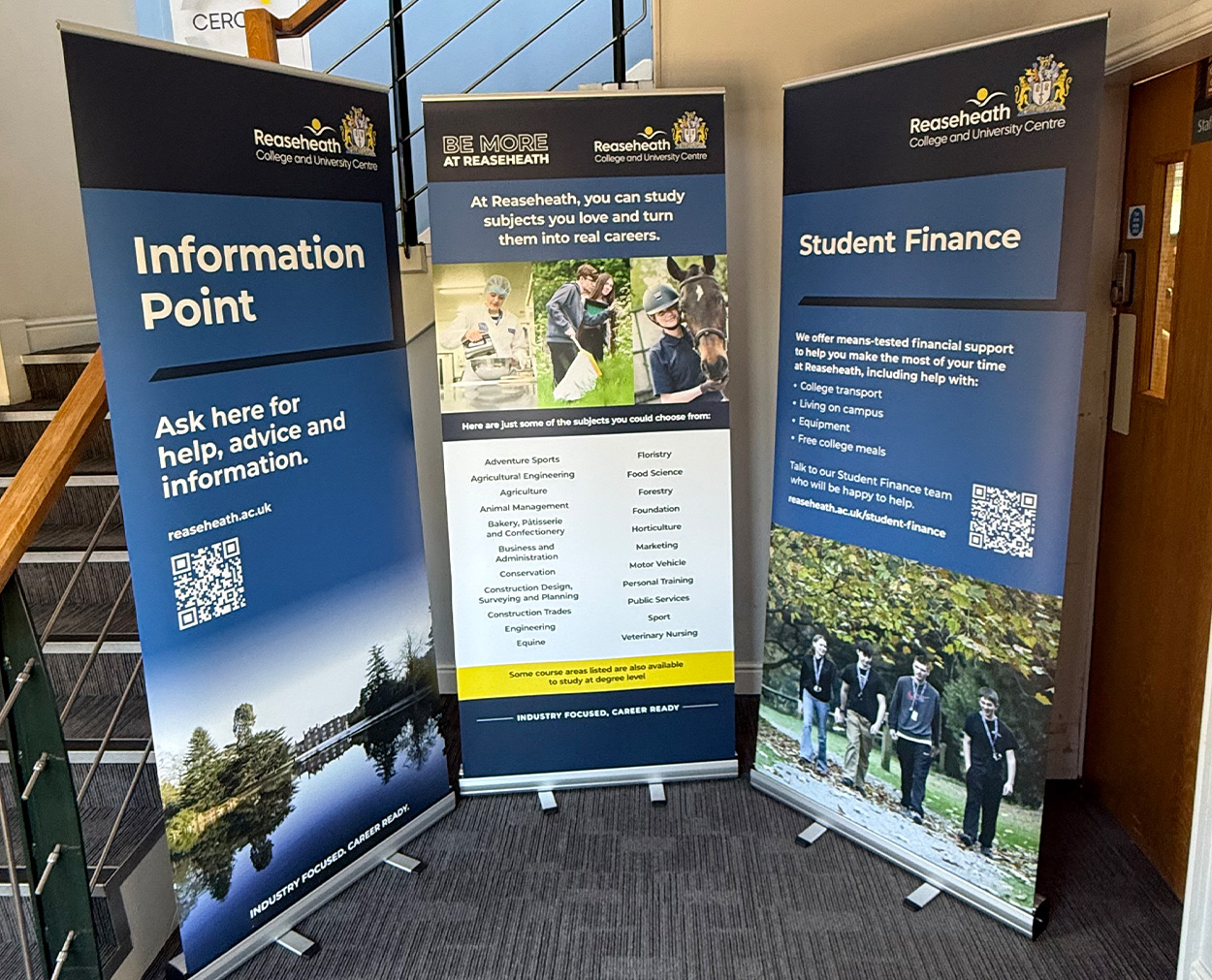 f Pull-up banner design for Reaseheath College and University Centre, covering information point, course options and student finance