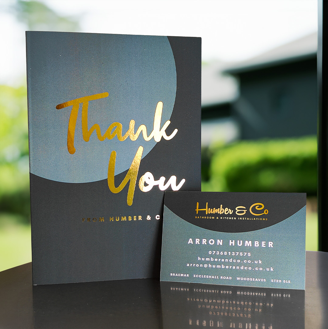 Gold foil thank you card and business card print for Humber & Co bathroom and kitchen installations
