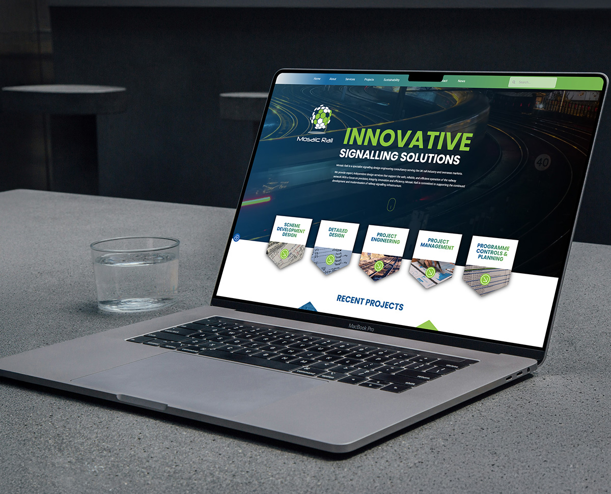 mosaic-rail-website Mosaic Rail signalling solutions website displayed on a laptop, a web design project by our Stoke digital marketing agency