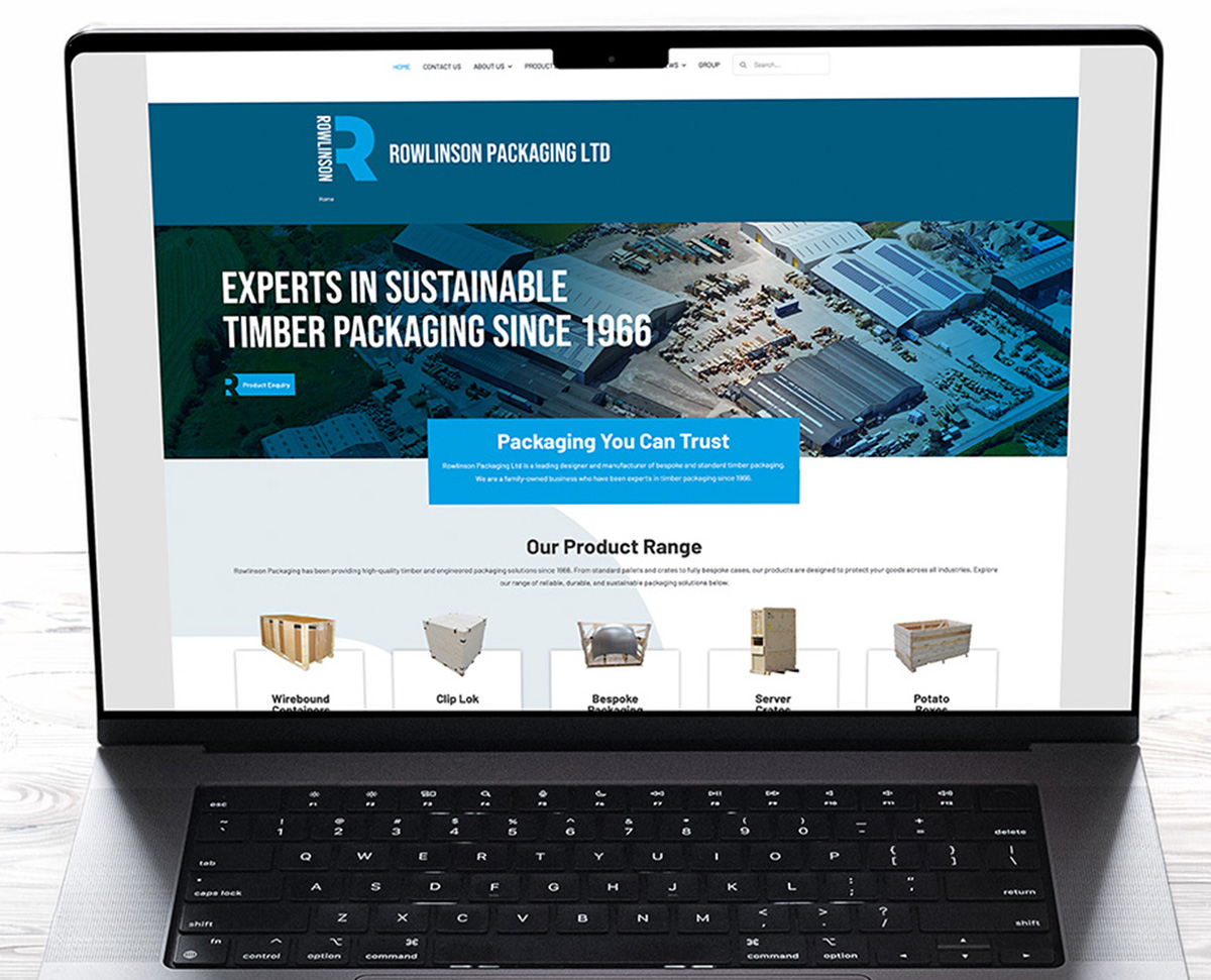 rowlinsons-img Rowlinson Packaging Ltd website homepage shown on laptop, designed by Design Office