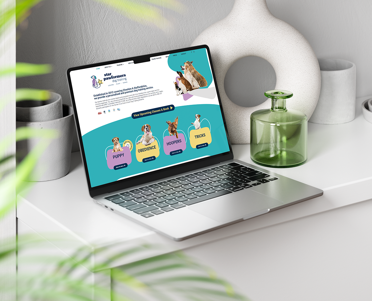 Website Design Portfolio: Star Pawformers Dog Training Star Pawformers dog training website displayed on laptop, a web design project by our Chester digital marketing team
